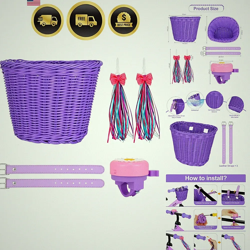 Bike Basket, Kids Bike Basket Front, Handwoven Bicycle Baskets for Boys and G...