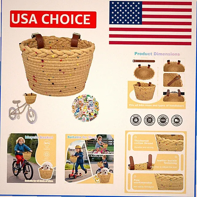 Kids Bike Basket Rope Woven Front Bicycle Basket for Boys Girls Kids Front Ha...