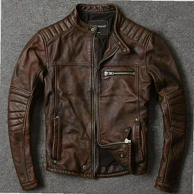 Men’s Motorcycle Biker Vintage Cafe Racer Distressed Black Real Leather Jacket