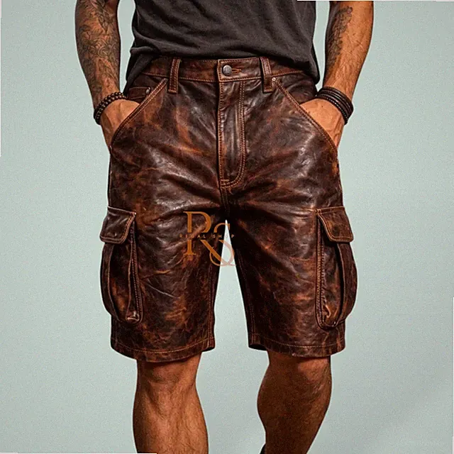 Mens Genuine Lambskin Leather Shorts Brown Distressed Cargo Biker Style Pockets