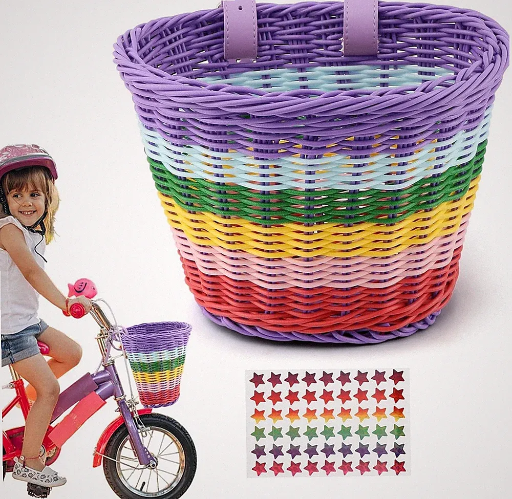 Rainbow Bike Basket for Kids Hand Woven Front Bicycle Basket for Boys Girls