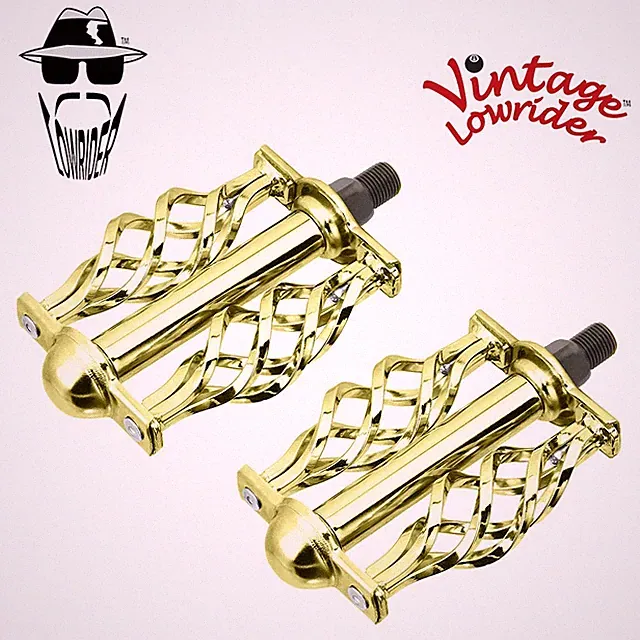 VINTAGE LOWRIDER BICYCLE TWISTED STEEL PEDALS W/ CAGE CLASSIC C-514 1/2 IN GOLD